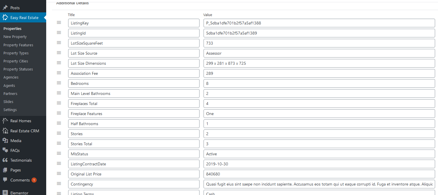 How RESO MLS fields display in Real Homes Theme