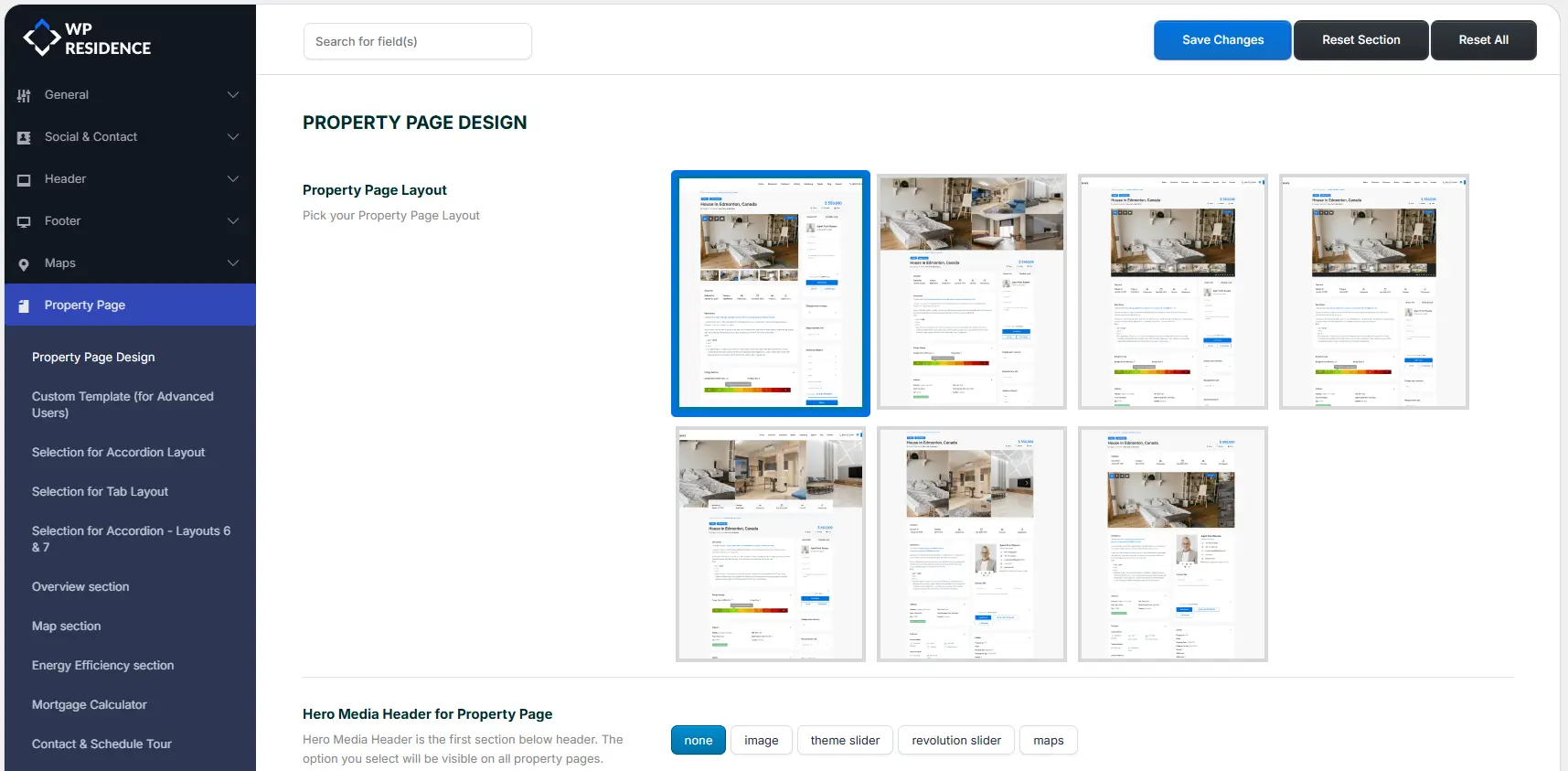 WP Residence Theme Options screen showing Property Page Design layout choices and a Hero Media Header control row.