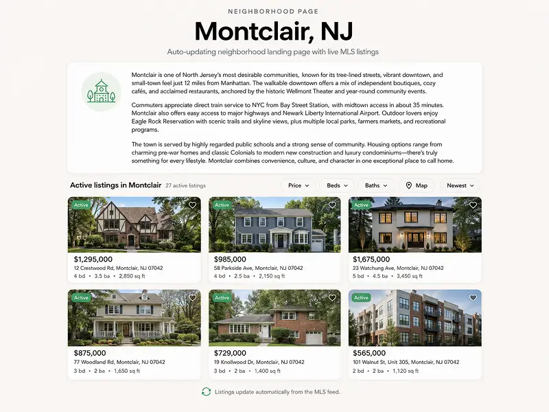 Auto-updating neighborhood landing page for Montclair NJ showing live MLS listings