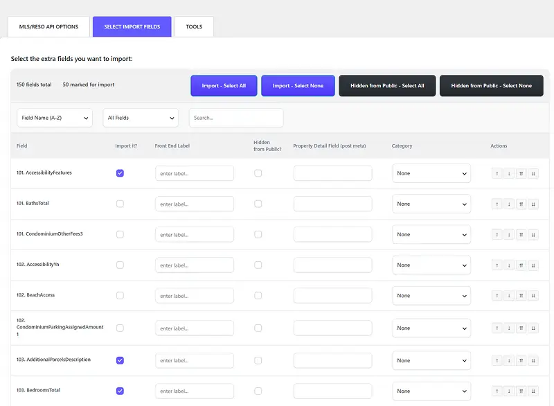 MLSImport field-mapping admin screen showing RESO Data Dictionary fields ListPrice, BedroomsTotal, and GarageSpaces mapped to WP Residence meta keys with custom front-end display labels