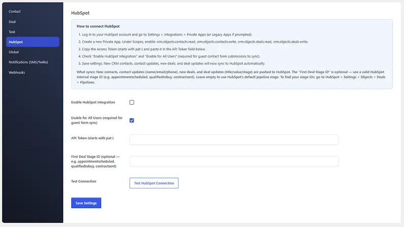 WPResidence theme options screen with the HubSpot private app API key field highlighted