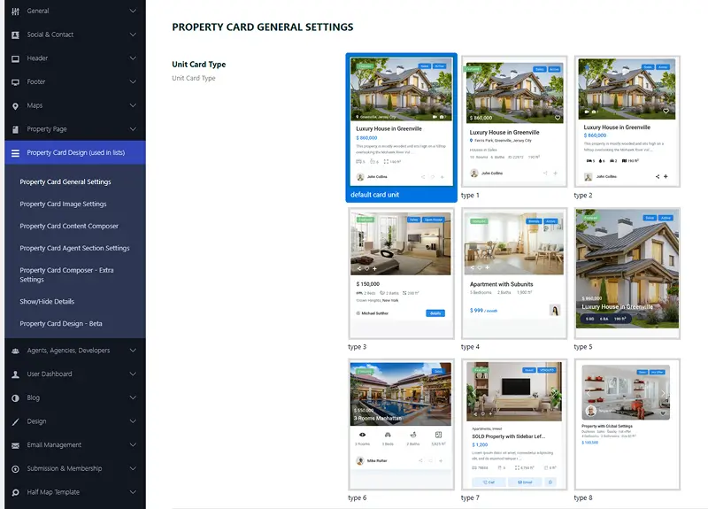 WP Residence Listing Card Composer admin panel with drag-and-drop field reordering for price, address, and beds and baths, beside the rendered listing grid view on the front end
