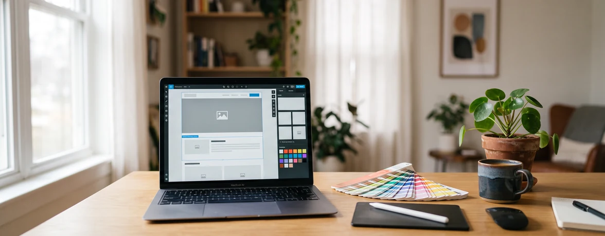 customize-mls-listing-templates-wordpress-1176×460-1 Laptop showing a property listing template being edited in a visual page builder with colour swatches