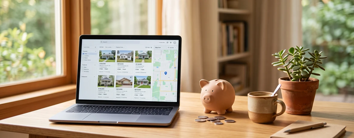 free-idx-plugin-wordpress-1176×460-1 Laptop showing a basic property listing grid beside a piggy bank and coins on a desk