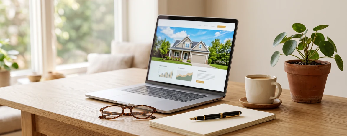 Laptop showing a real estate listing page beside glasses, a pen and a blank notepad on a bright desk