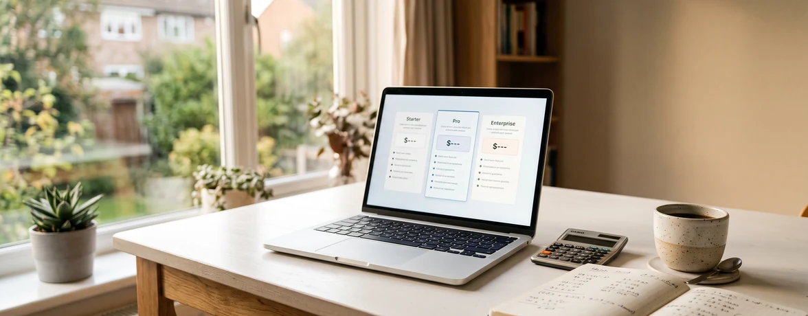 Laptop showing IDX plugin pricing plans beside a calculator and a notebook of cost figures