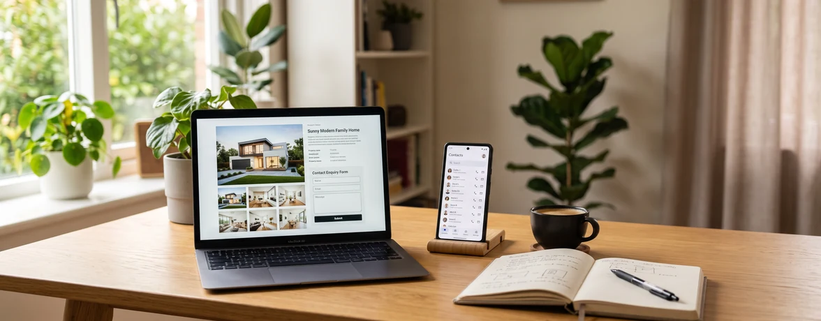 Laptop showing a property listing enquiry form beside a phone displaying a CRM contact list