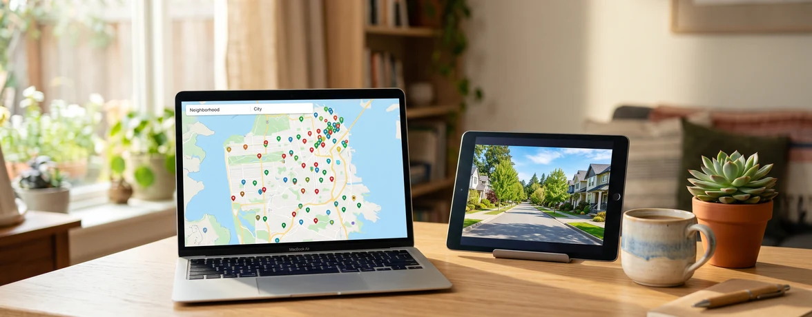 Laptop showing a property map search with neighborhood pins beside a tablet showing a residential street