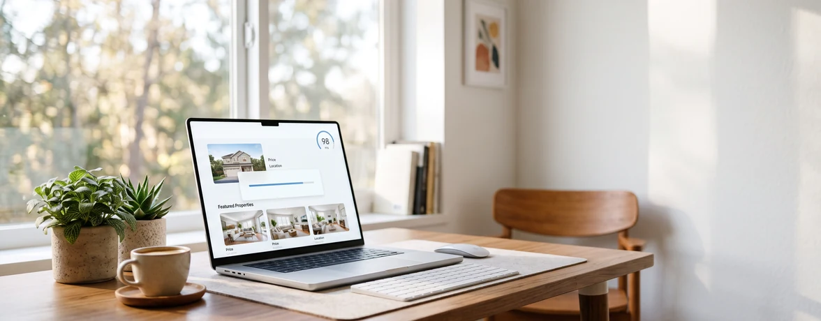 Real estate listing website loading quickly on a laptop with a page speed gauge on screen