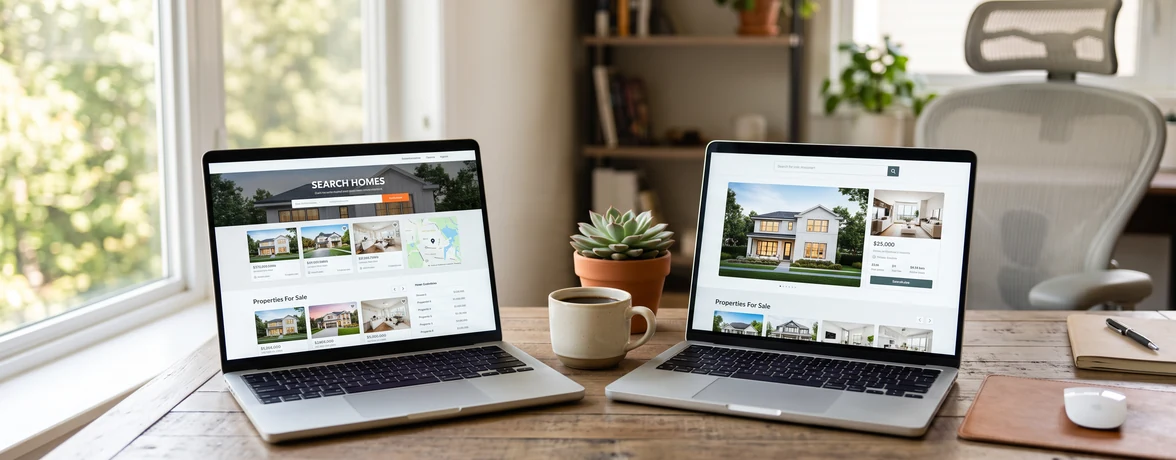 mlsimport-vs-realtyna-wpl-1176×460-1 Two laptops side by side on a desk showing two different real estate listing website designs
