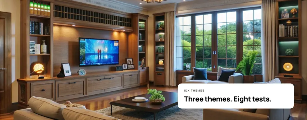 A modern living room with large windows, with a card reading Three themes, eight tests