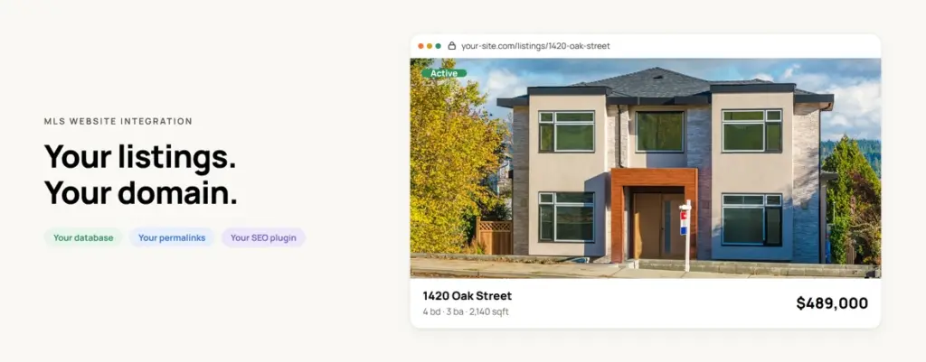 A web browser showing a property listing page on your-site.com: a two-storey house for sale, an Active status badge, the address 1420 Oak Street, and a $489,000 price.