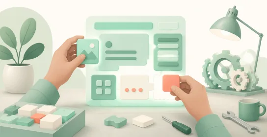 Hands assembling a software interface from building blocks at a workbench, illustrating the Pinergy platform MLS PIN builds and maintains in-house