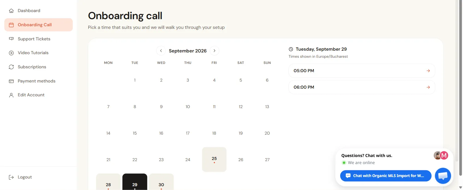 Onboarding Call page with a day picked and its free times