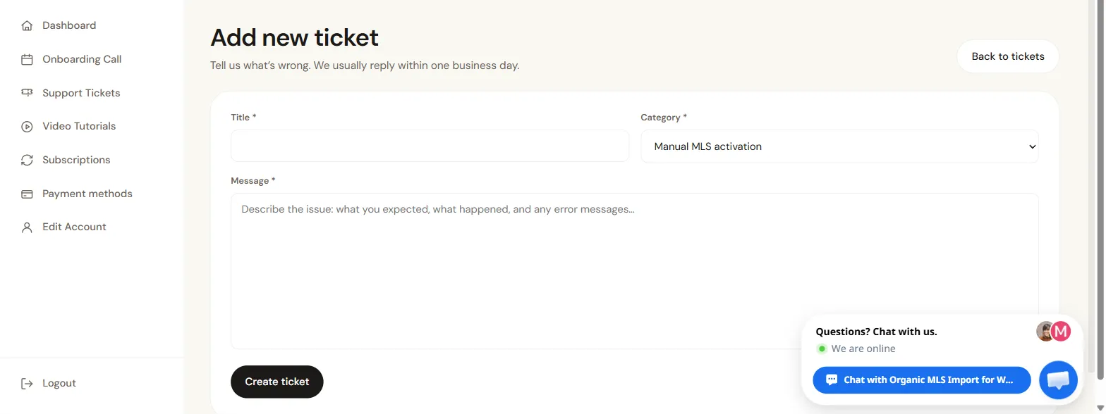 Add new ticket form in the MLSImport account