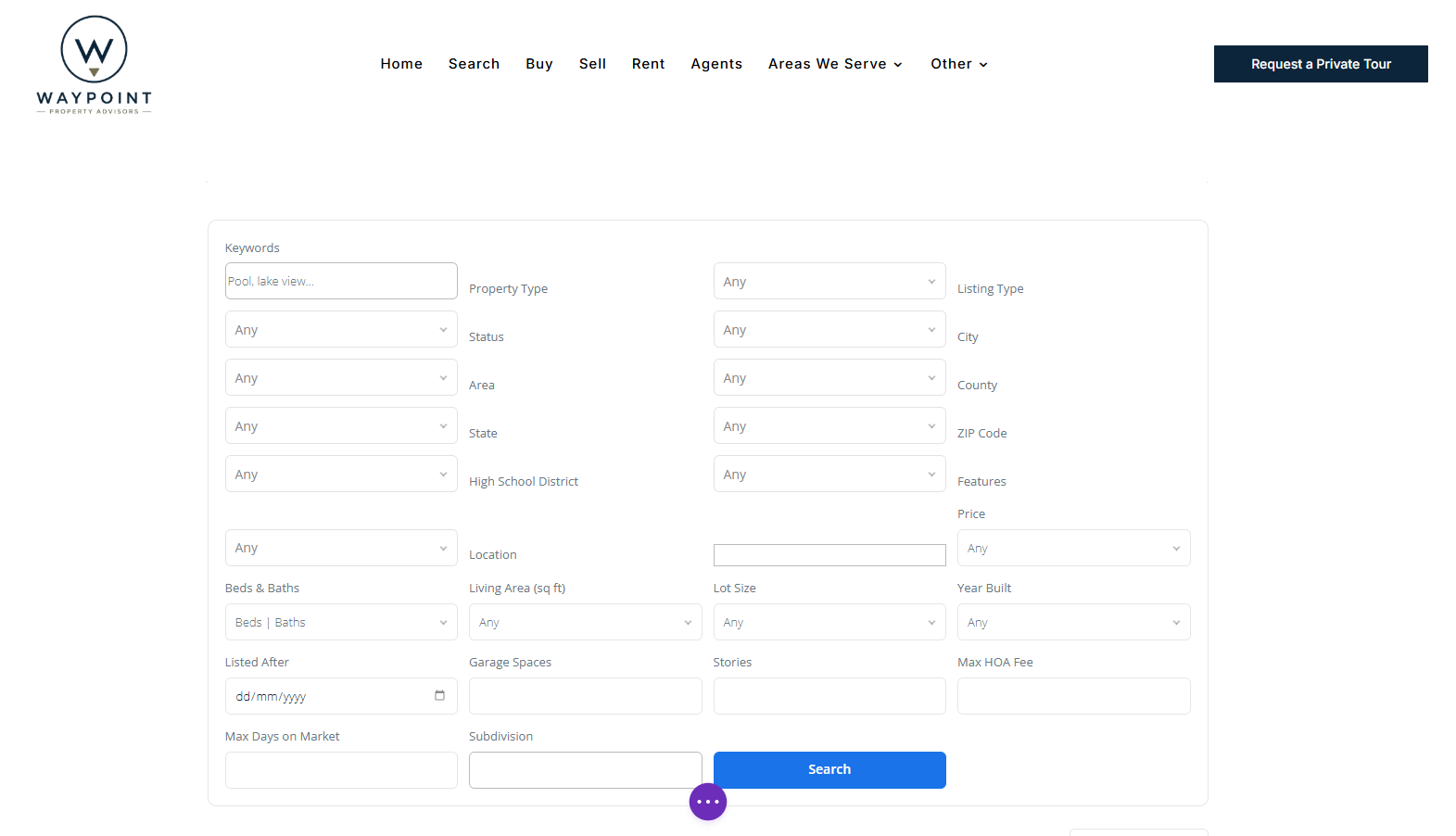MLSImport search fields rendered on a Divi page, with keywords, property type, status, city, price and beds