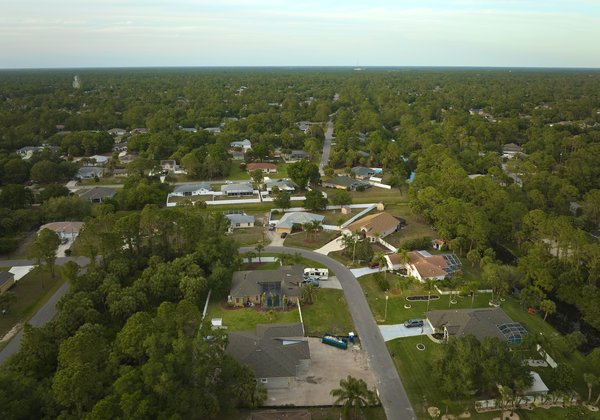 Aerial view of houses among trees in a Florida neighborhood