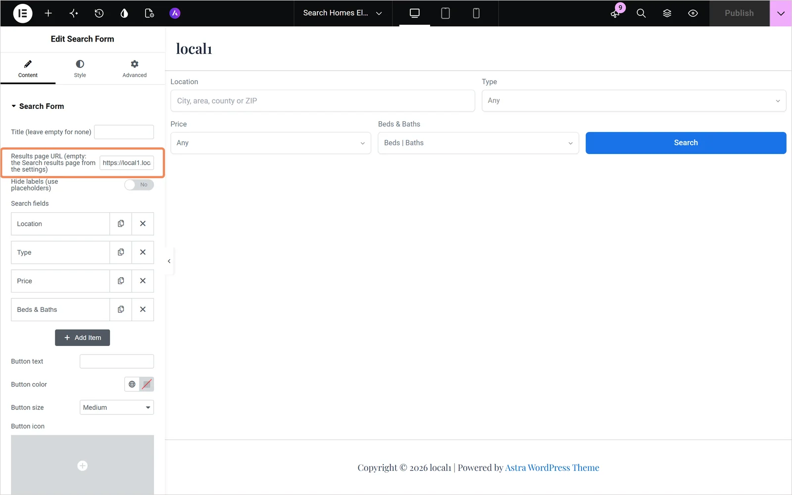Elementor Search Form widget with the Results page URL field outlined