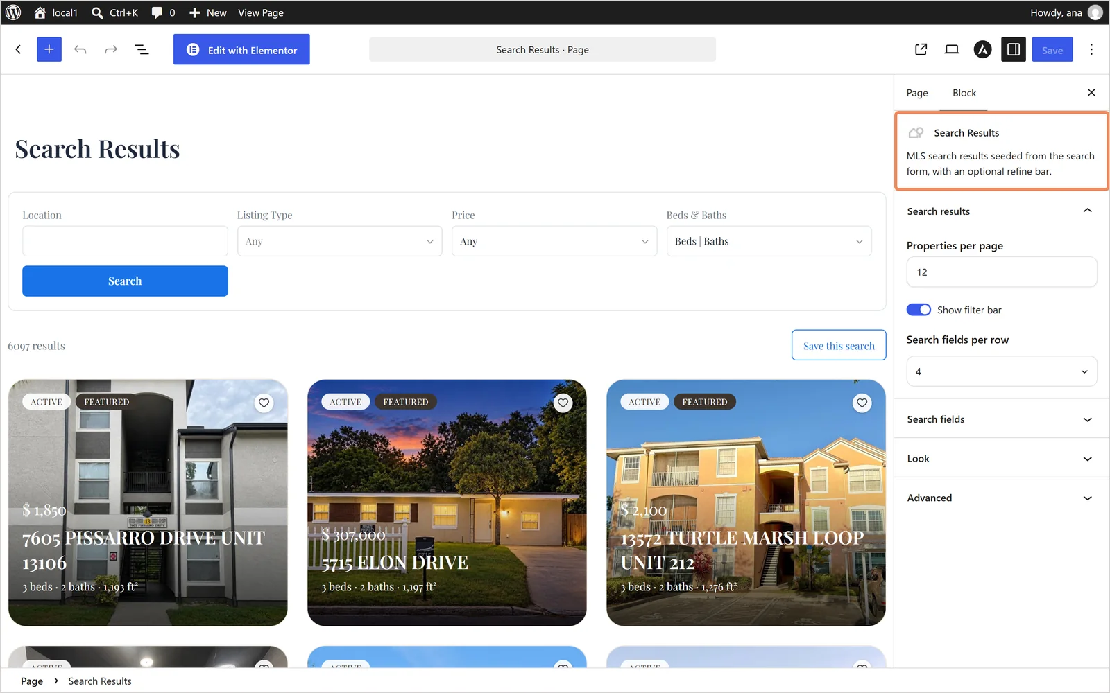 Search Results block in the block editor with its settings in the right sidebar
