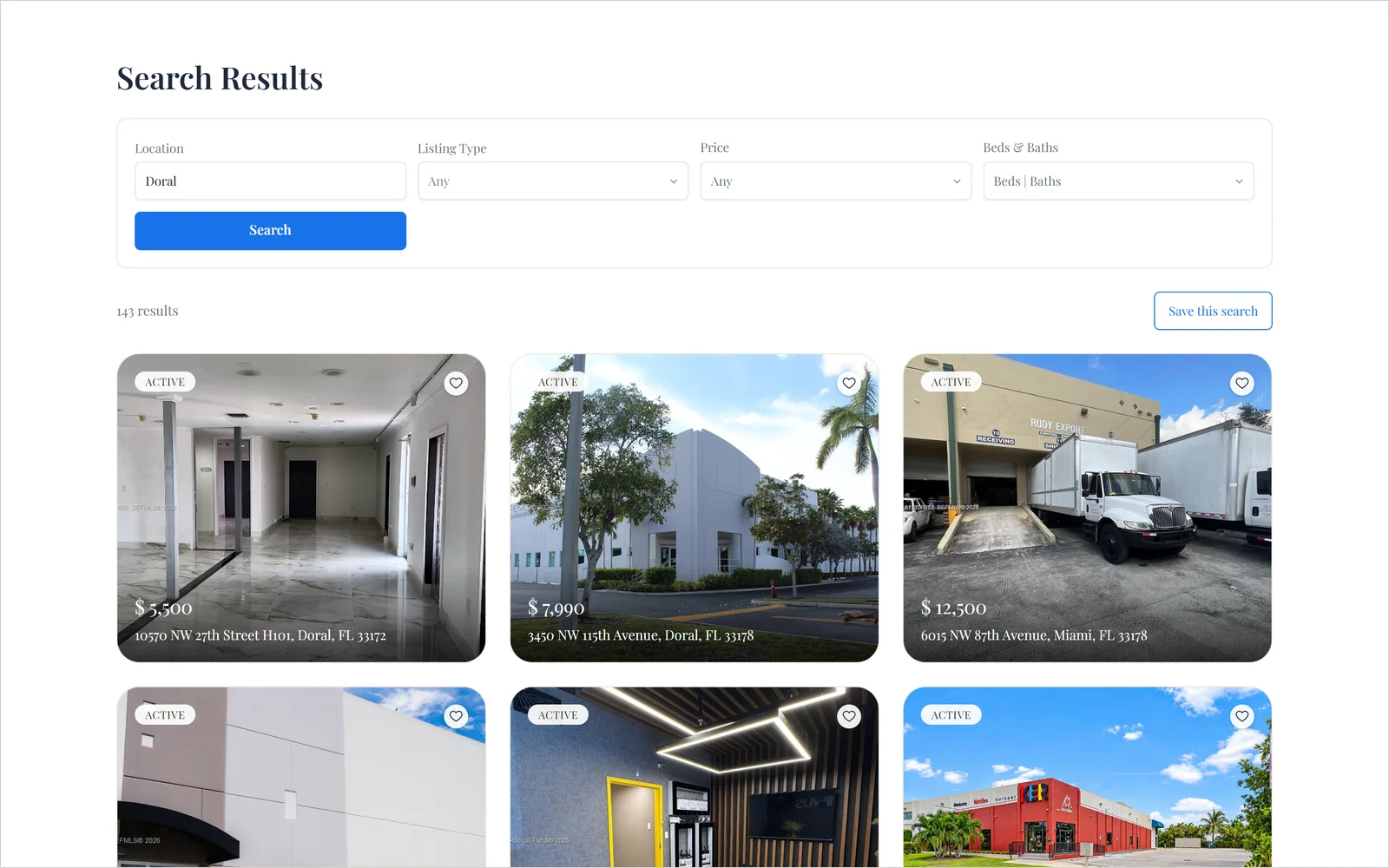 Standard search results page showing 143 listings for Doral, with Doral filled in the search bar