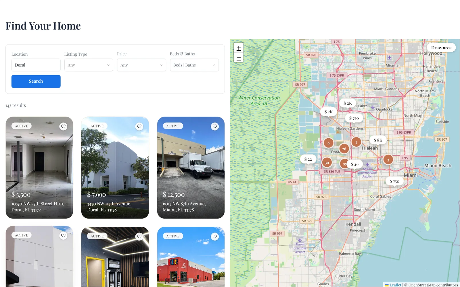 Half Map search results page showing the Doral listings next to a map of the Doral area