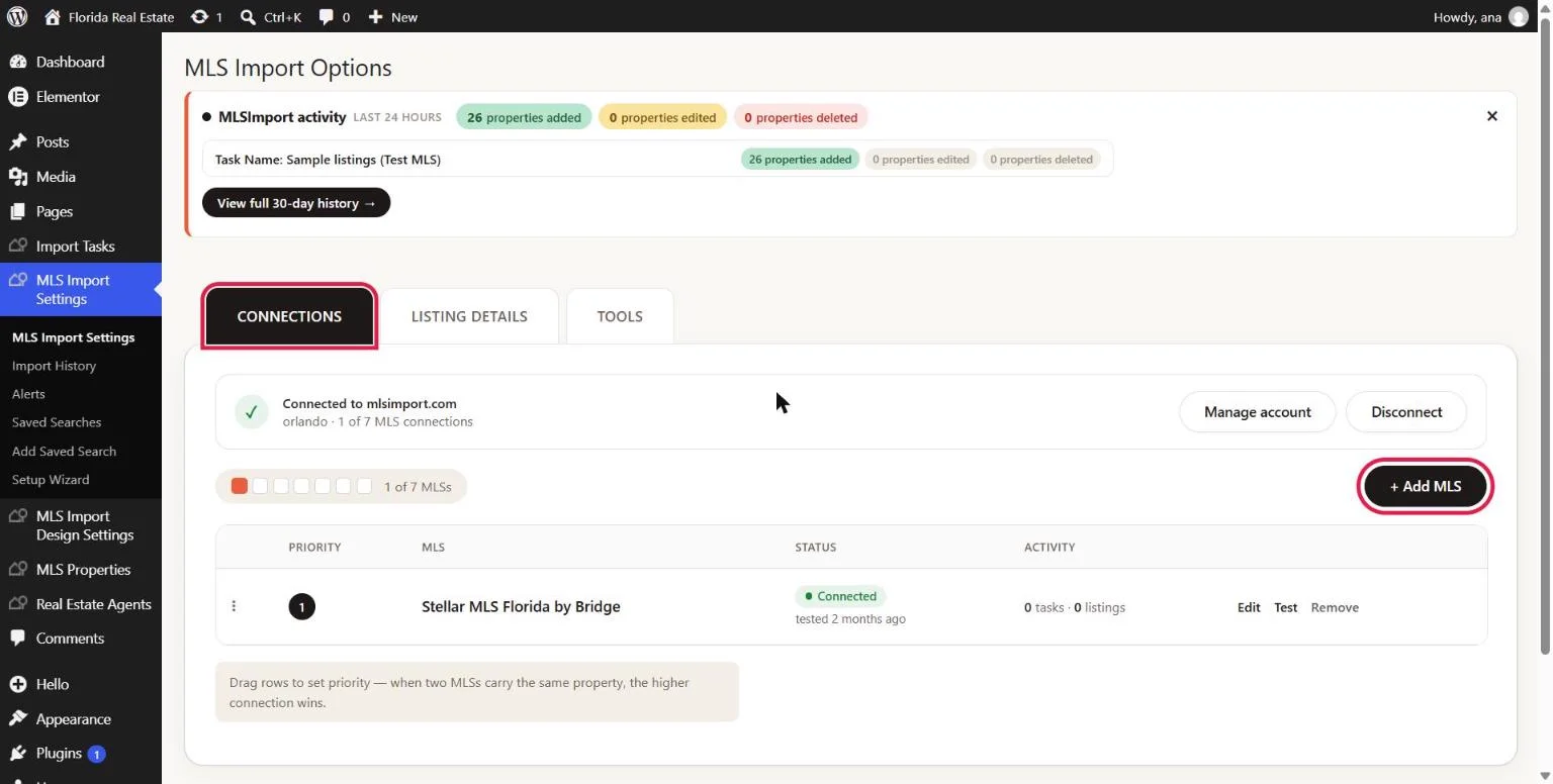 MLSImport Connections tab with the + Add MLS button outlined