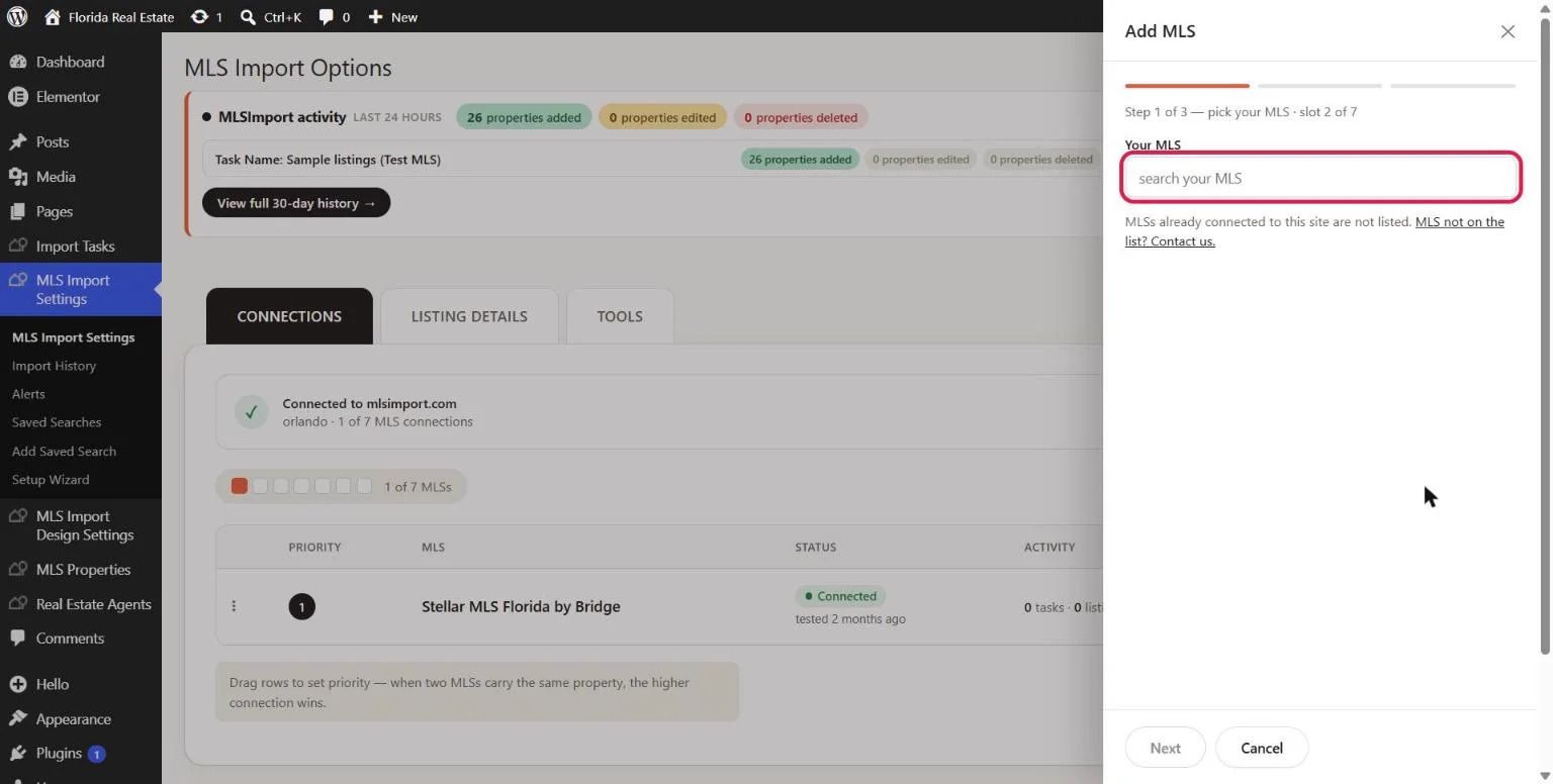 Add MLS panel with the Your MLS search field outlined