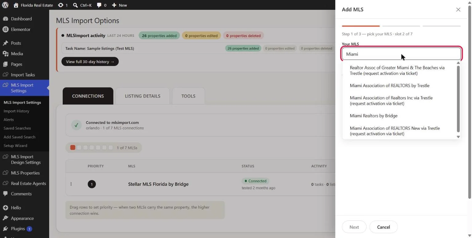 Add MLS panel listing matching MLSs after typing a name