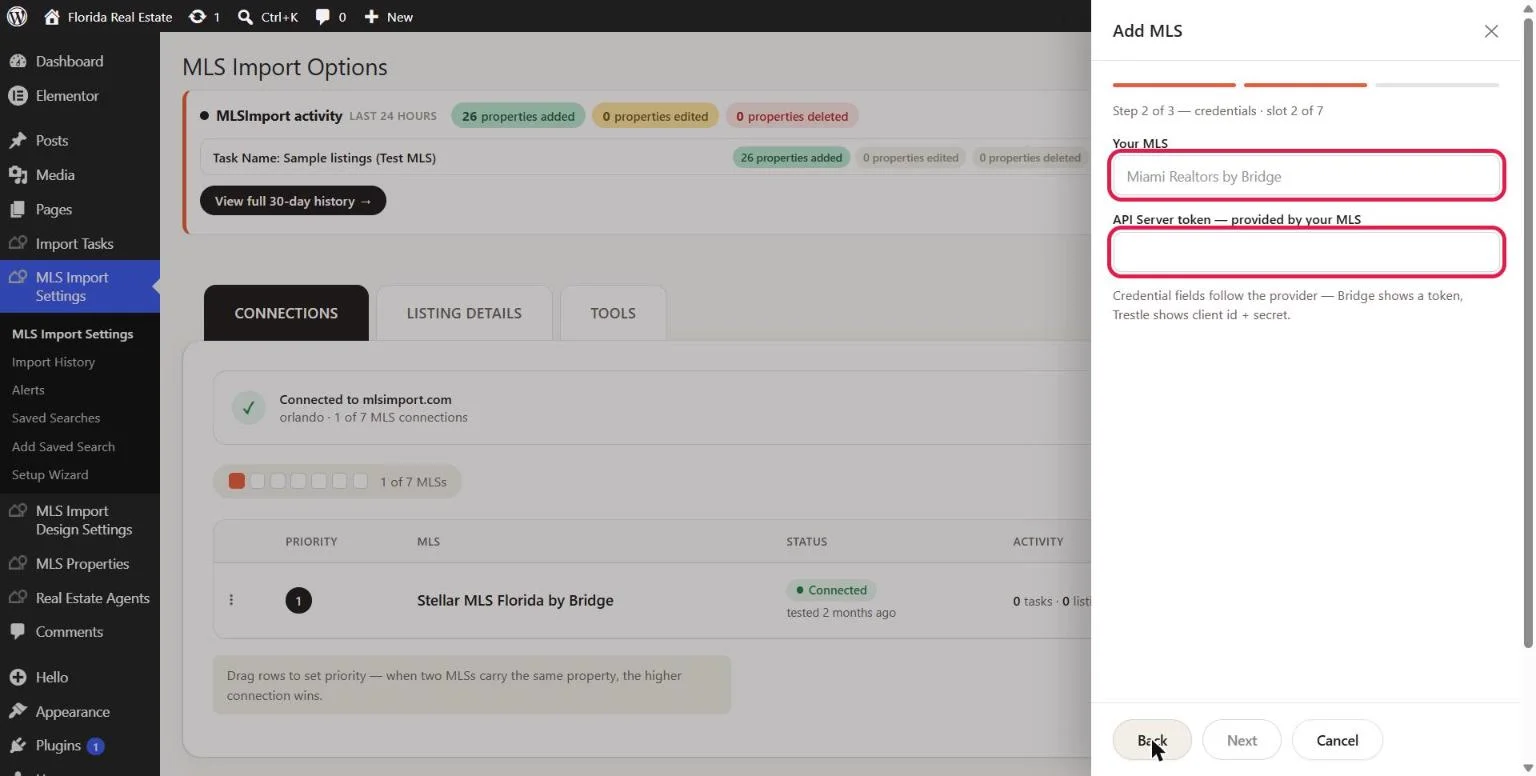 Add MLS panel step 2 with the API Server token field