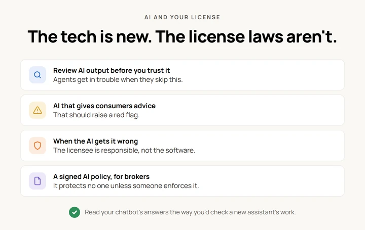 Checklist for agents using AI: review the output, no advice to consumers, the licensee is responsible, enforce the policy