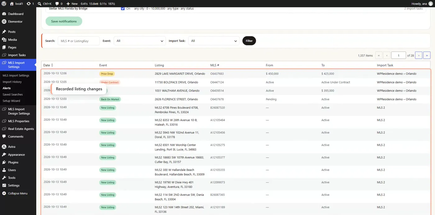 MLSImport Alerts history in WordPress: recorded listing changes you can search by MLS number or filter by event