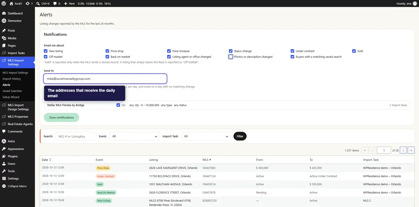 MLSImport Alerts notification settings in WordPress: kinds of change to email, recipient addresses and the MLS filter