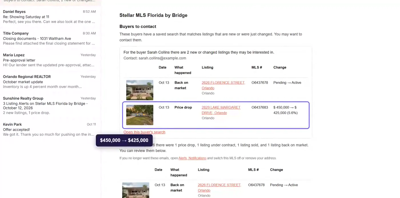 Buyers to contact section of the MLSImport daily email: a buyer, her matching listings and a price drop from $450,000 to $425,000