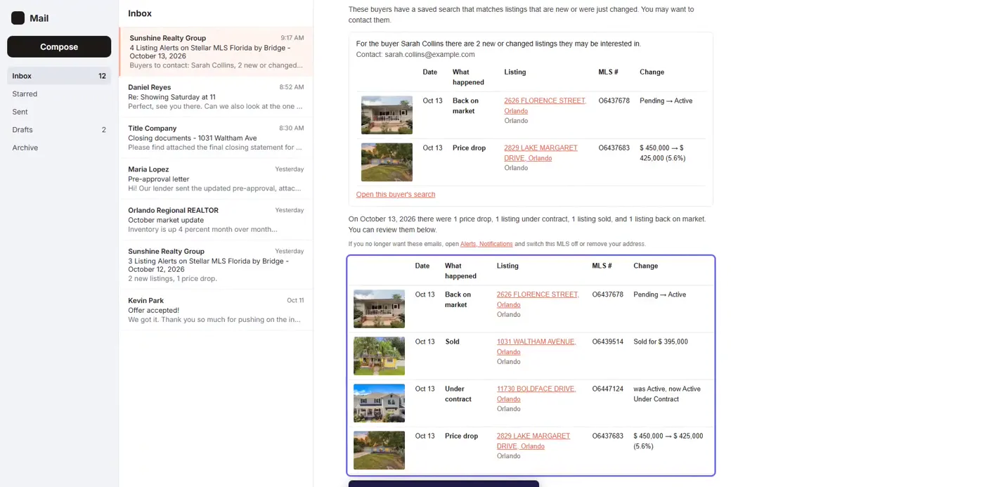 Listing changes table in the MLSImport daily email: back on market, sold, under contract and price drop with MLS numbers