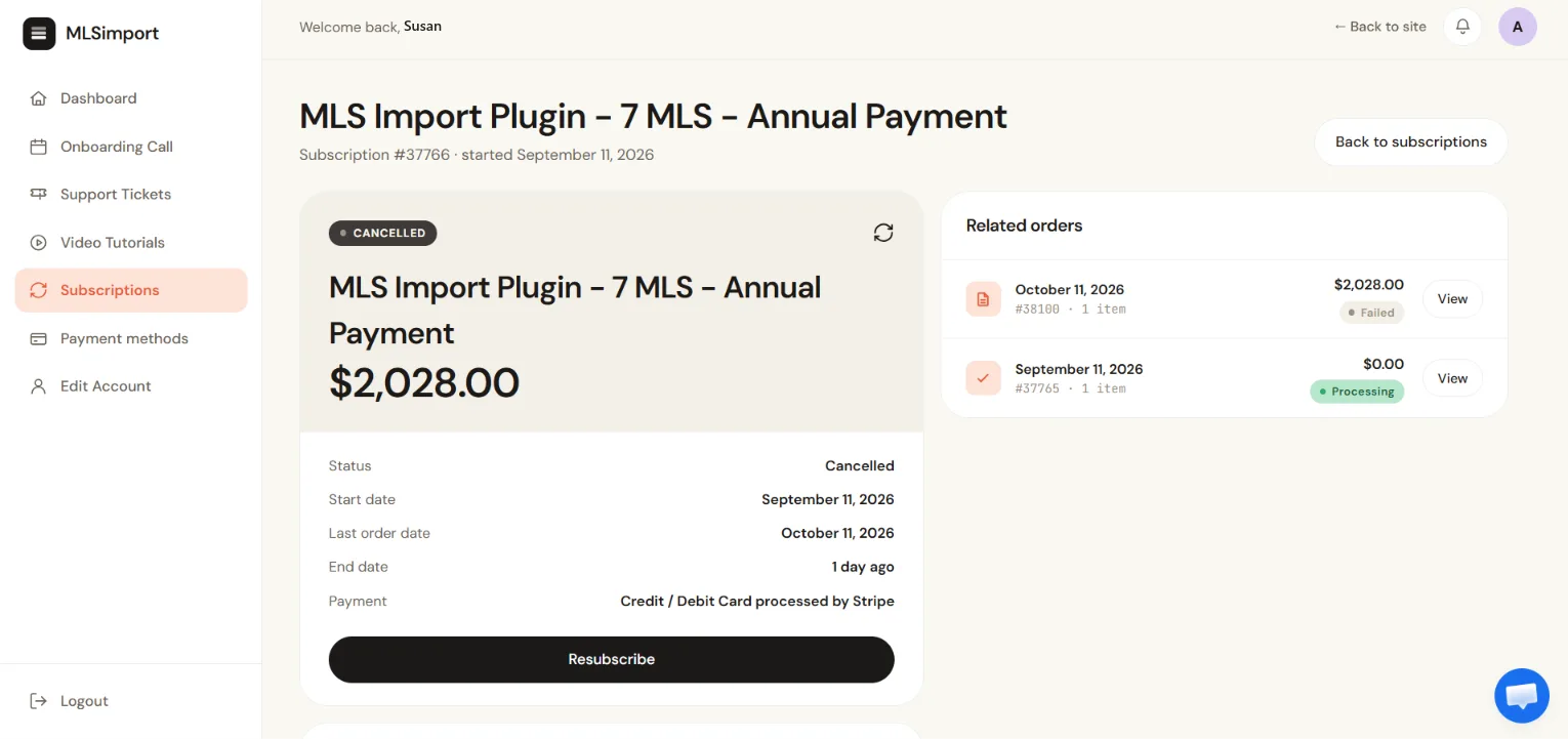 MLSImport account, Subscriptions: a cancelled subscription with the Resubscribe button, and the failed renewal under Related orders