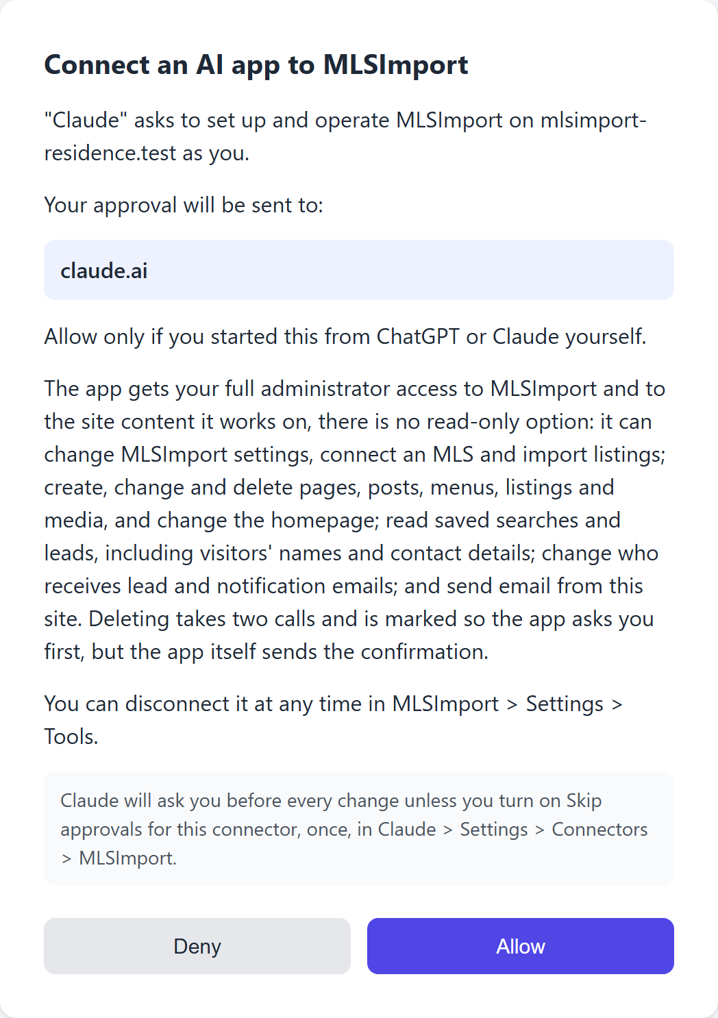 The approval page on your website, with Deny and Allow buttons