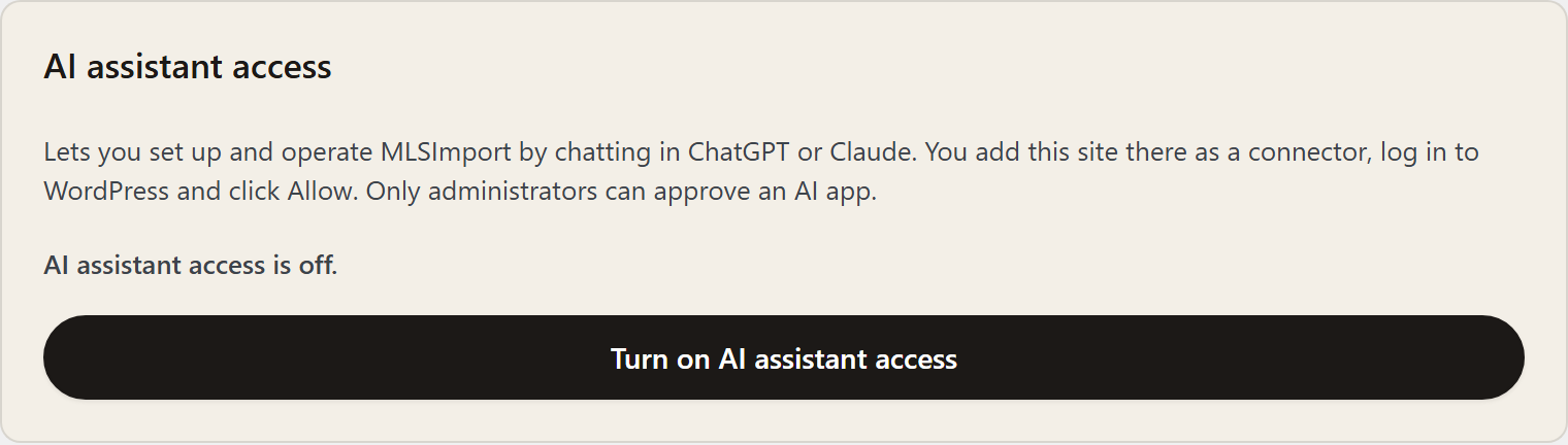 The AI assistant access card when it is off, with the Turn on AI assistant access button
