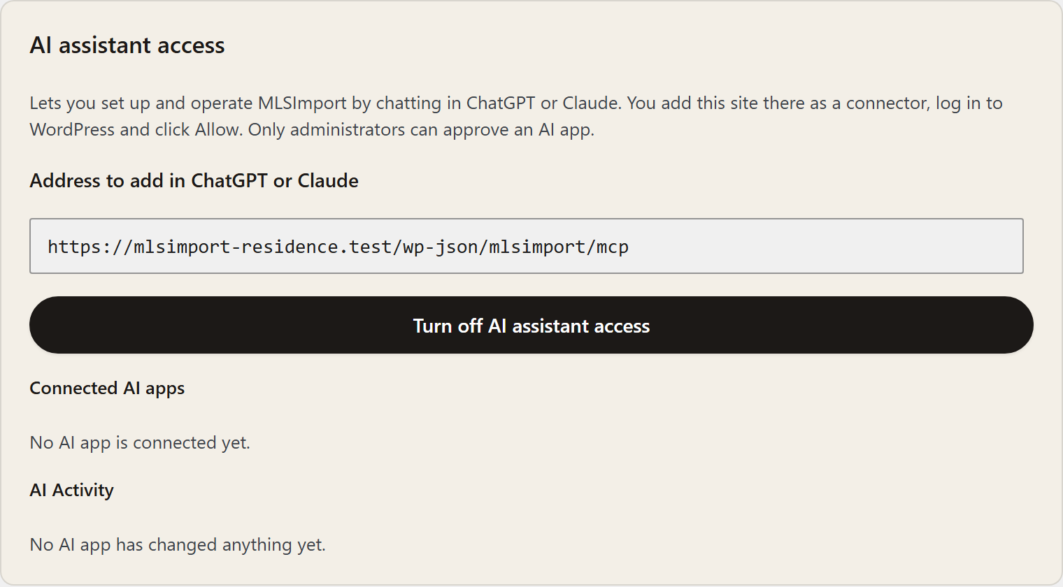 The AI assistant access card when it is on, showing the address to copy