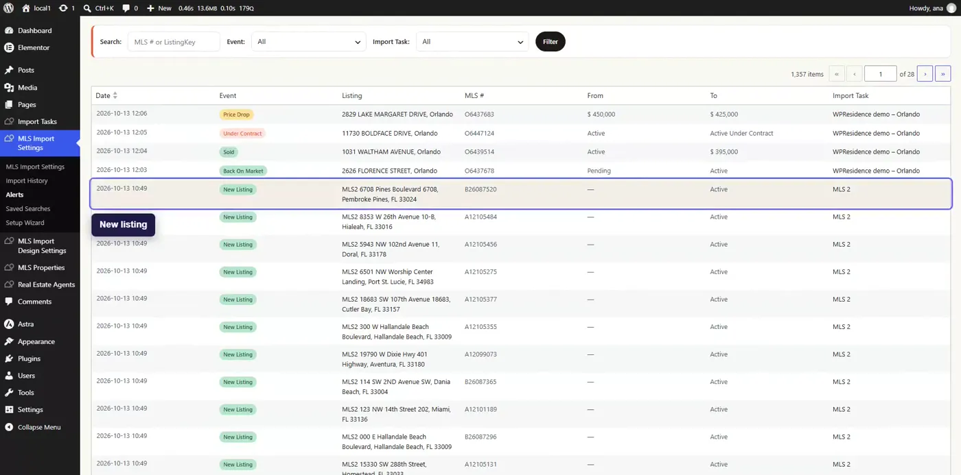 MLSImport Alerts page in WordPress listing MLS changes: price drop, under contract, sold, back on market and new listings