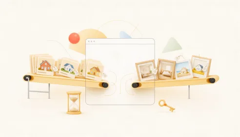 Separate lanes for listing changes and photo changes feeding a website, with a token key and hourglass