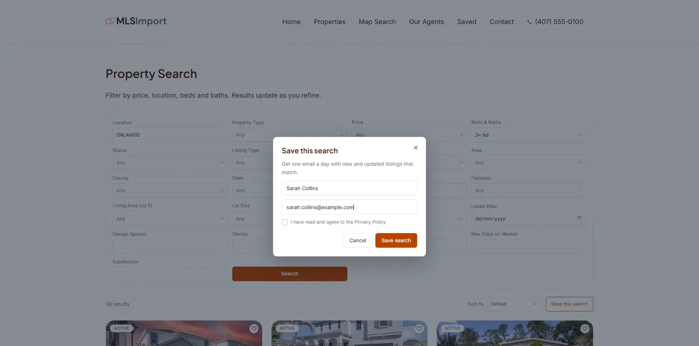 Save this search window on a real estate website with MLSImport: the buyer enters a name and email
